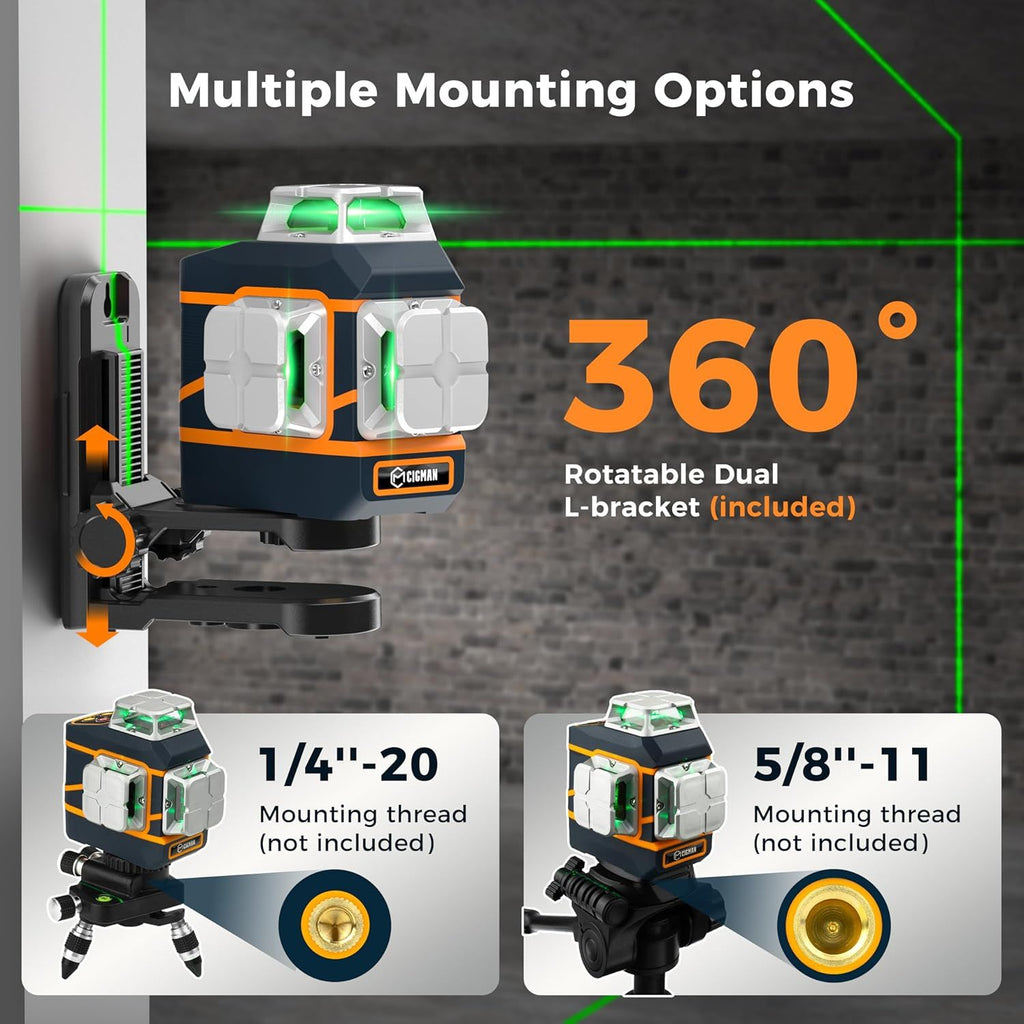 CIGMAN Laser Level CM-801 Laser Level Self Leveling 3x360°3D Green Cross Line for Decoration and Picture Hanging with Two Rechargeable Batteries, Remote Controller and Magnetic L-Shaped Bracket