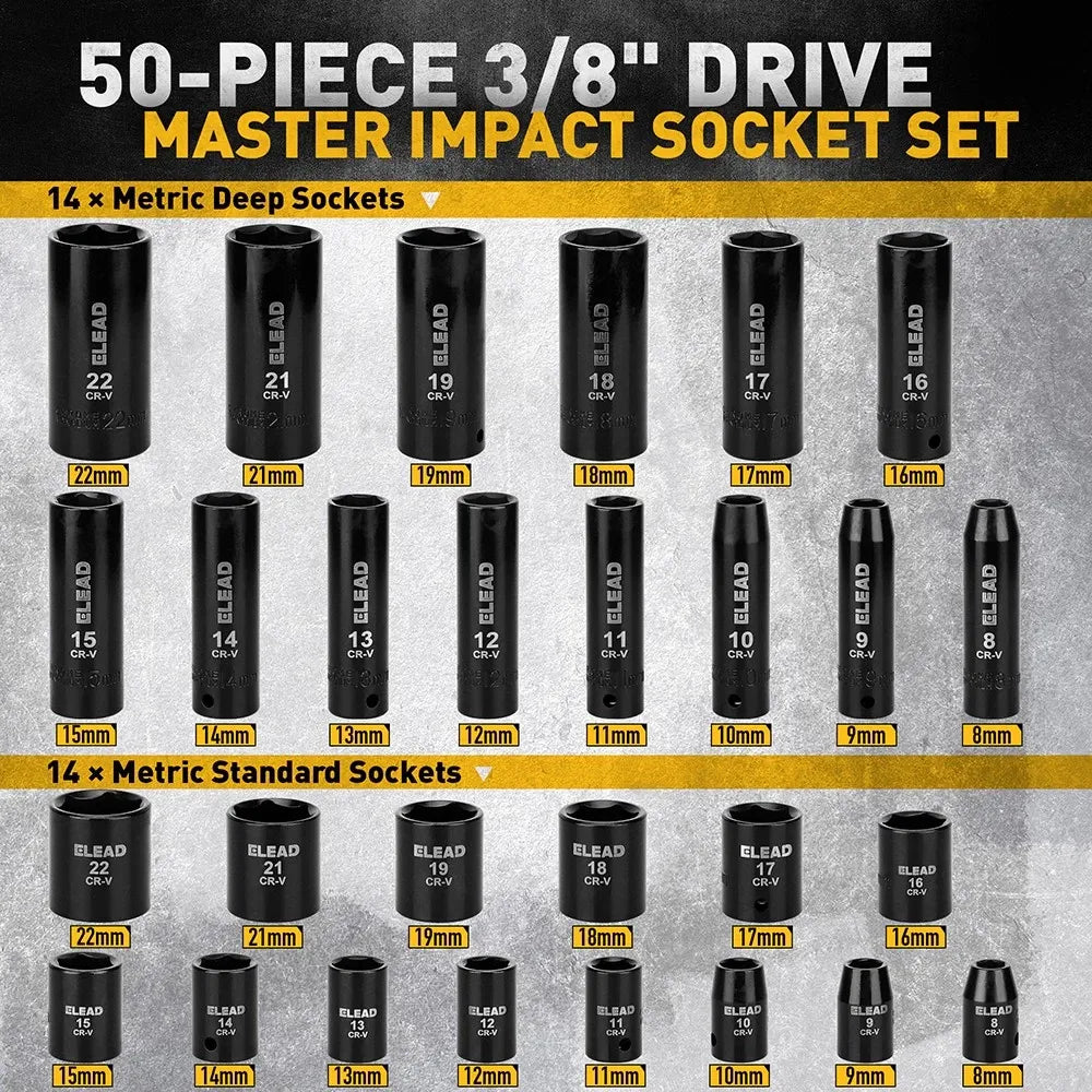 ELEAD 50Pcs 3/8'' Drive Impact Socket Set Deep Socket Metric Ratchet Adapter