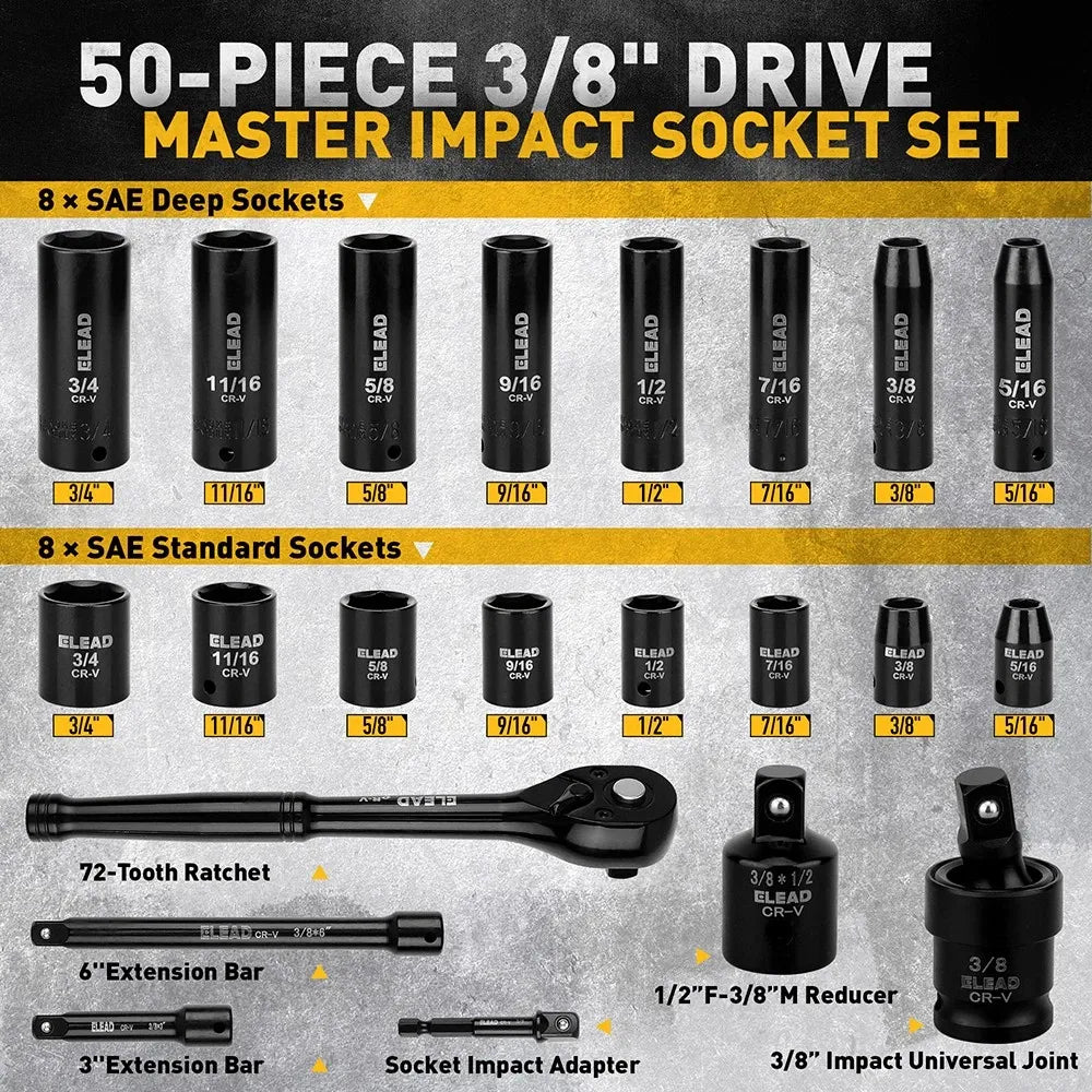 ELEAD 50Pcs 3/8'' Drive Impact Socket Set Deep Socket Metric Ratchet Adapter