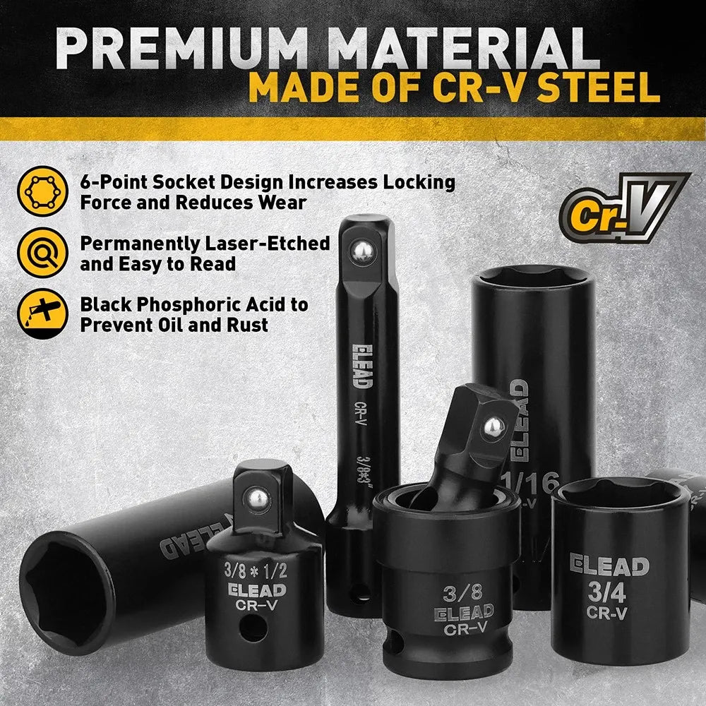 ELEAD 50Pcs 3/8'' Drive Impact Socket Set Deep Socket Metric Ratchet Adapter