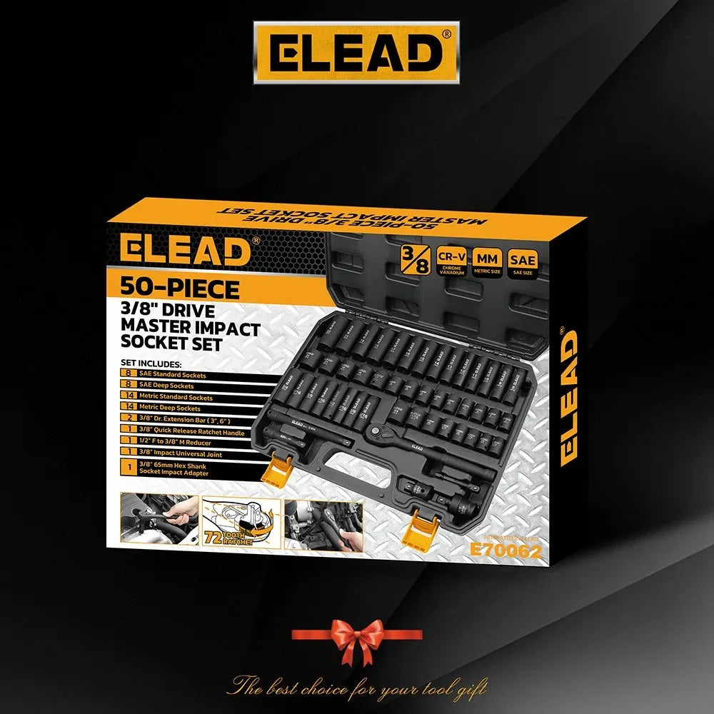 ELEAD 50Pcs 3/8'' Drive Impact Socket Set Deep Socket Metric Ratchet Adapter