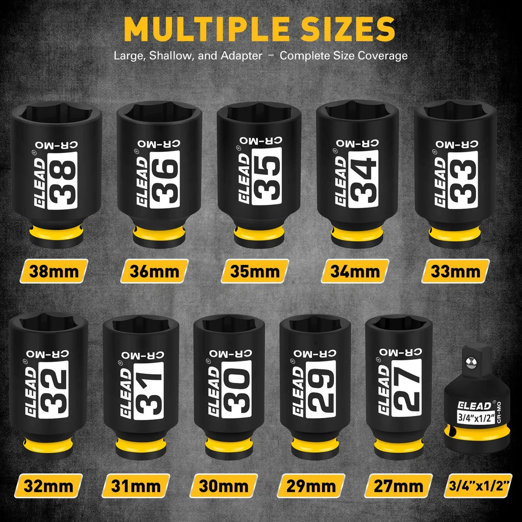 ELEAD 11Pcs 1/2" Drive Deep Impact Socket Set 27-38mm Metric Cr-Mo Wheel Nut Kit
