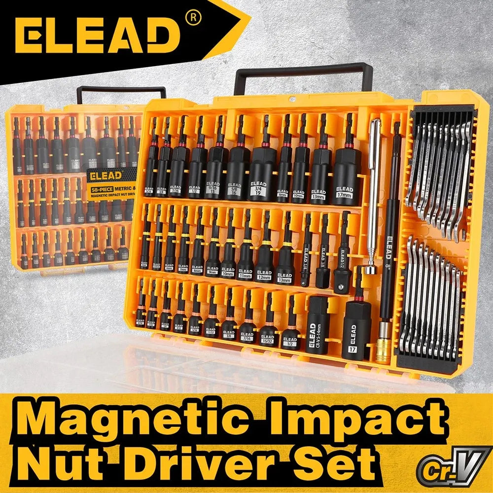 ELEAD 58Pc Magnetic Impact Nut Driver Set SAE Metric CR-V Socket Adapter w/case