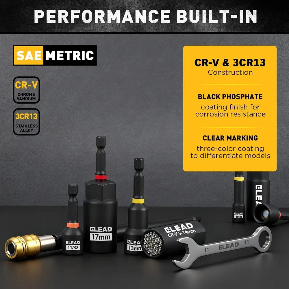 ELEAD 58Pc Magnetic Impact Nut Driver Set SAE Metric CR-V Socket Adapter w/case