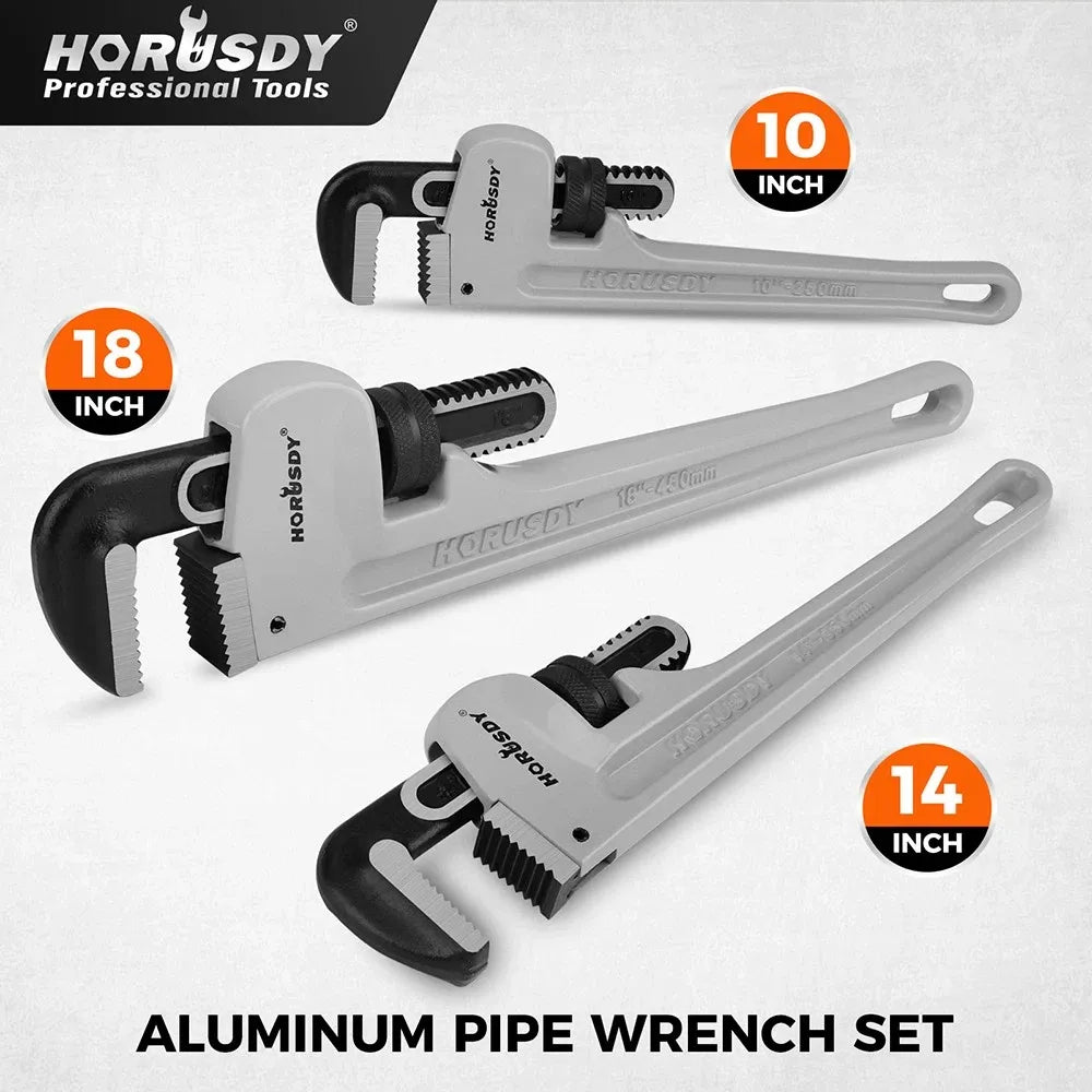 HORUSDY 3PCS Aluminum Straight Pipe Wrench Set 10" 14" 18" with Alloy Steel Jaws