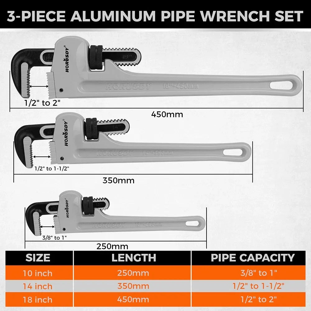 HORUSDY 3PCS Aluminum Straight Pipe Wrench Set 10" 14" 18" with Alloy Steel Jaws