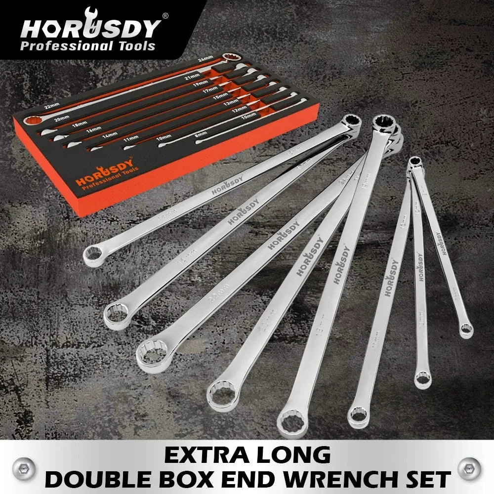 HORUSDY 8Pc Extra Long Aviation Spanner Set Double Ring Wrench 8-24mm 12 Point