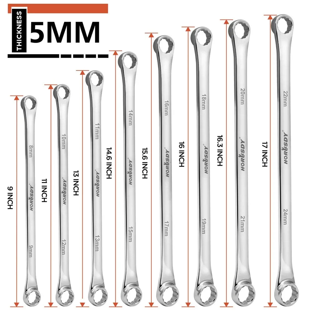 HORUSDY 8Pc Extra Long Aviation Spanner Set Double Ring Wrench 8-24mm 12 Point