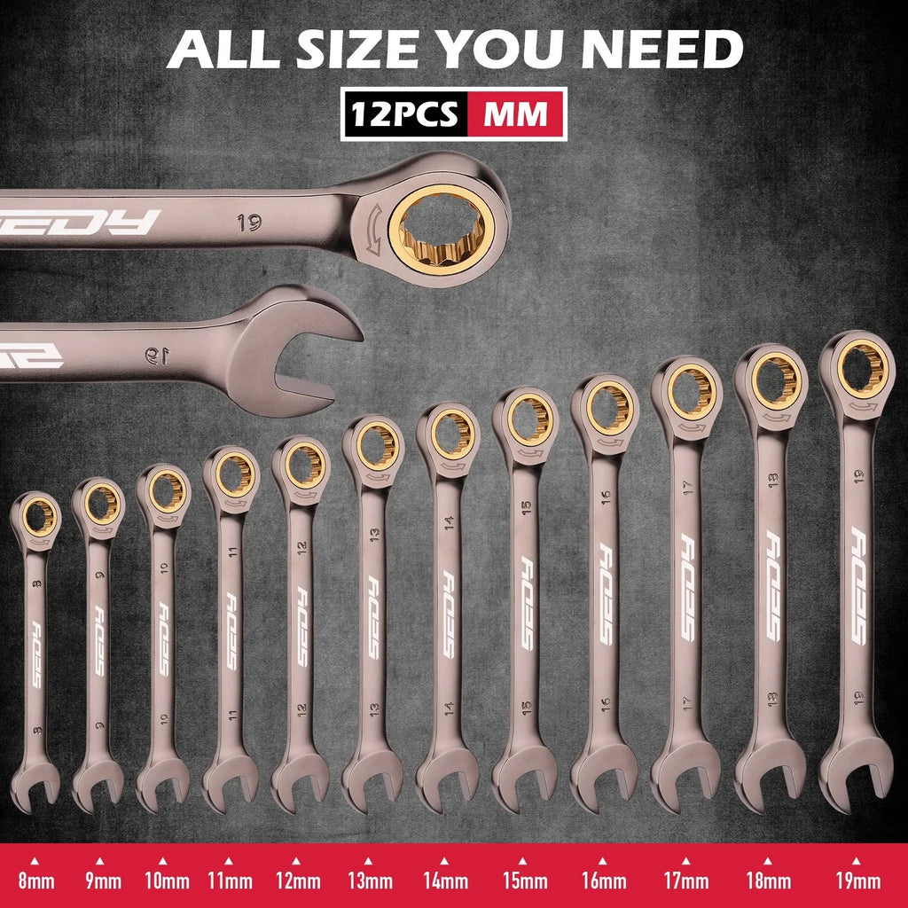 SEDY 12Pcs Ratcheting Wrench Set 8-19mm Metric CR-V Steel 72T Spanner Tool Kit