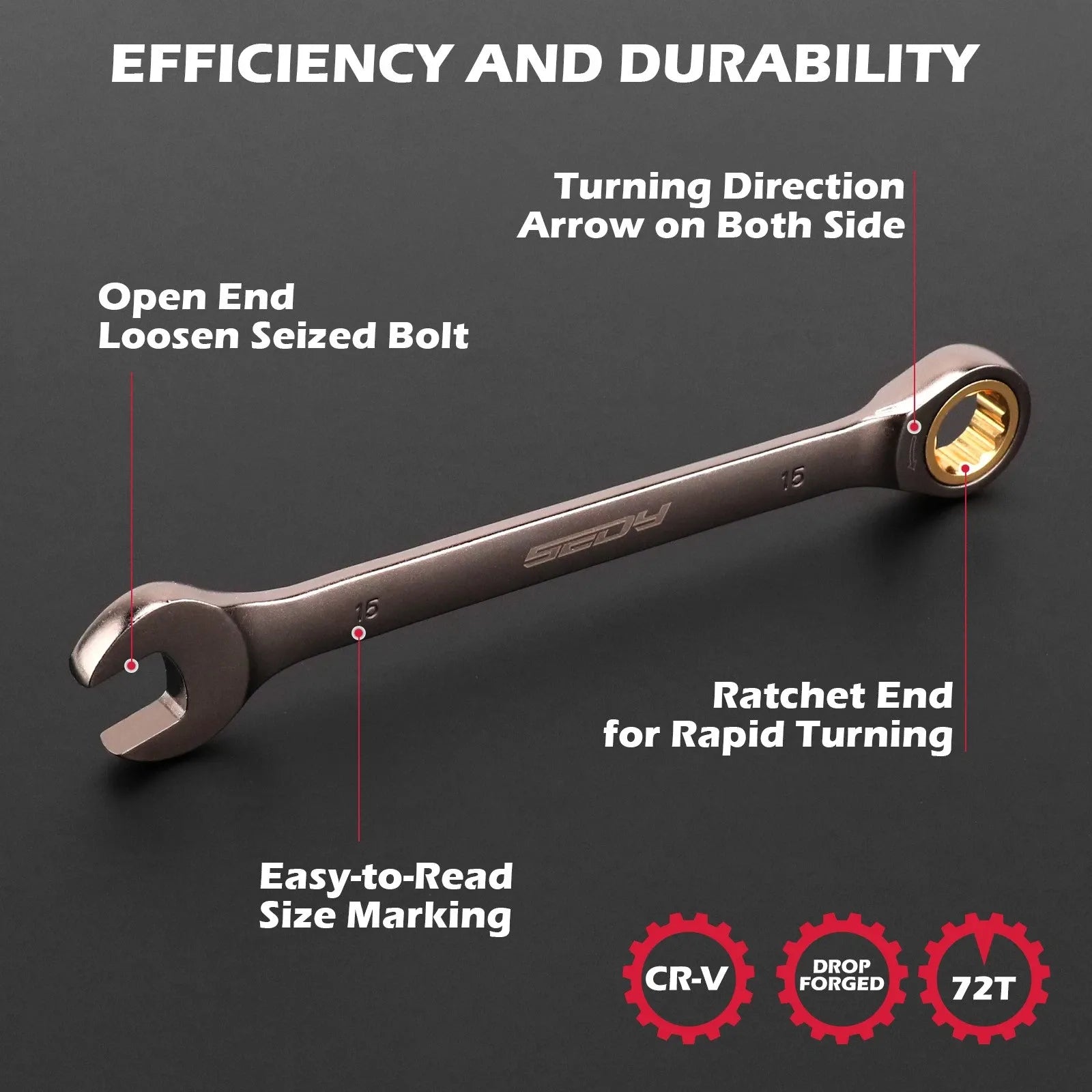 SEDY 12Pcs Ratcheting Wrench Set 8-19mm Metric CR-V Steel 72T Spanner Tool Kit