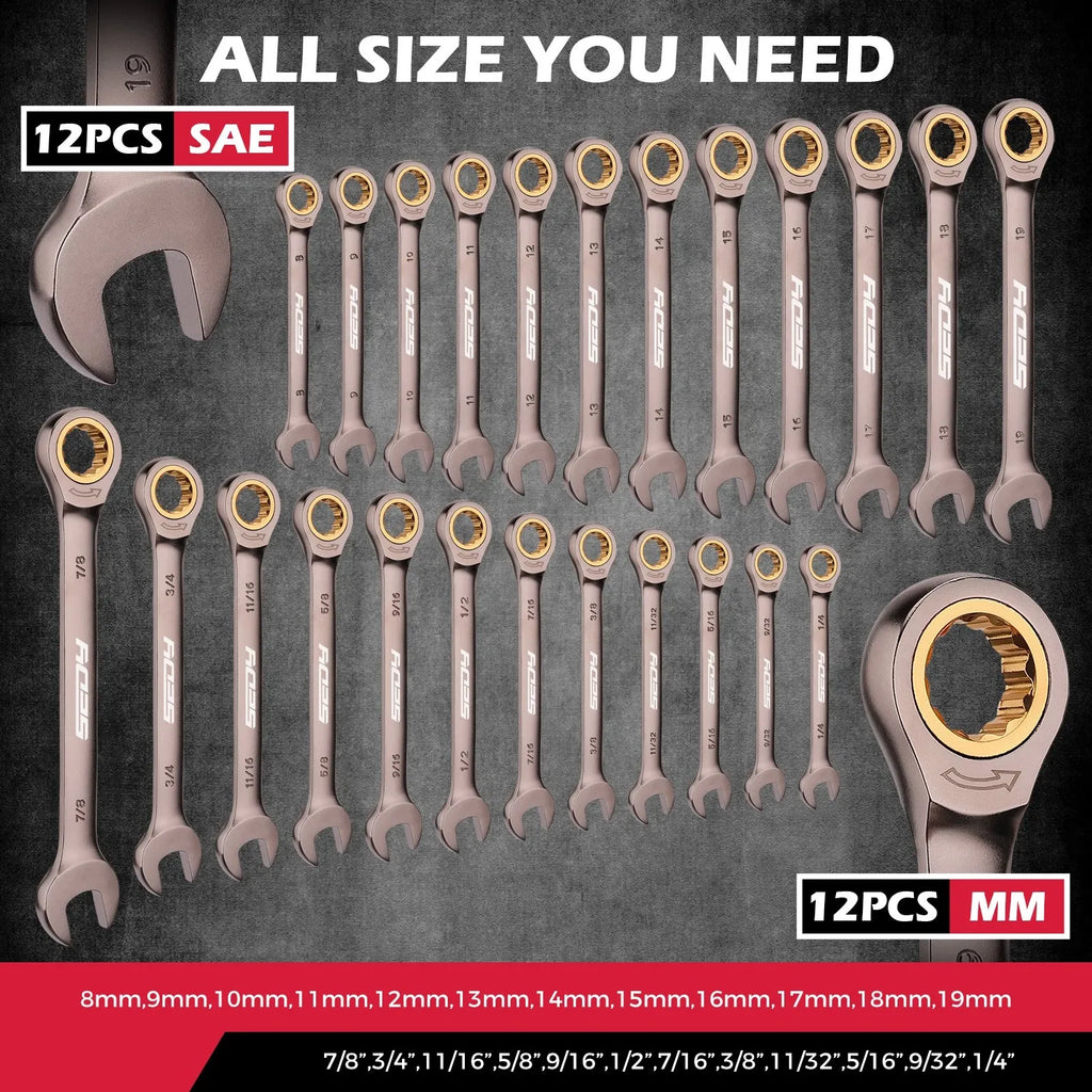 SEDY 24PCS Ratcheting Wrench Set Metric SAE CR-V Steel 72T With Magnetic Holder