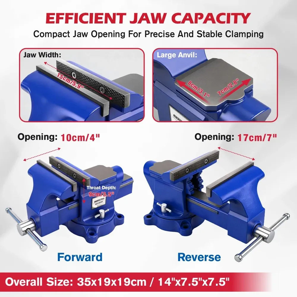 SEDY 6" Bench Vise Heavy Duty Workbench Clamp Anvil 360° Swivel Base Jaw Pads