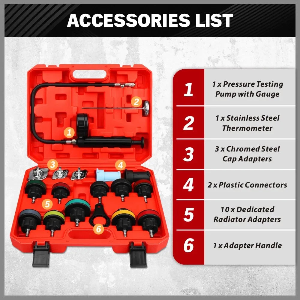 18PCS Radiator Pressure Tester Coolant Purge Refill Vacuum Cooling System Kit
