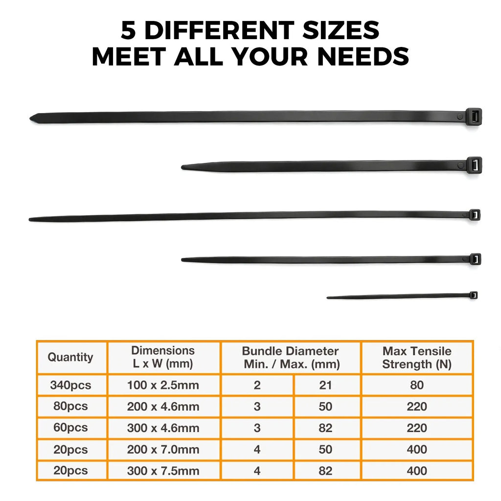 520Pcs Cable Ties Zip Ties Nylon UV Stabilised Bulk Black Cable Tie Black Au