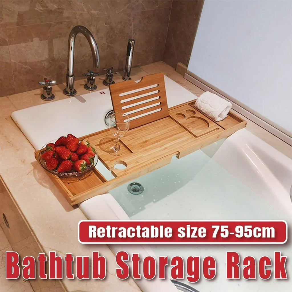 Bathroom Bamboo Bath Caddy Wine Glass Holder Table Tray Bathtub Rack Soap Shelf