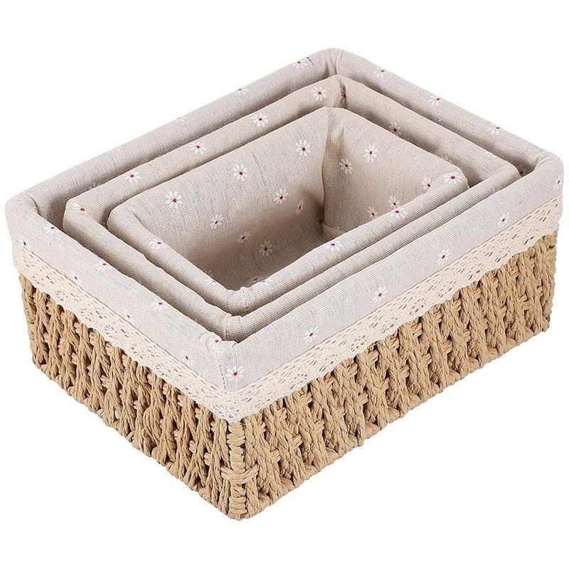 3pcs Rattan Storage Basket Woven Fabric Grass Basket for Home Organiser Decor