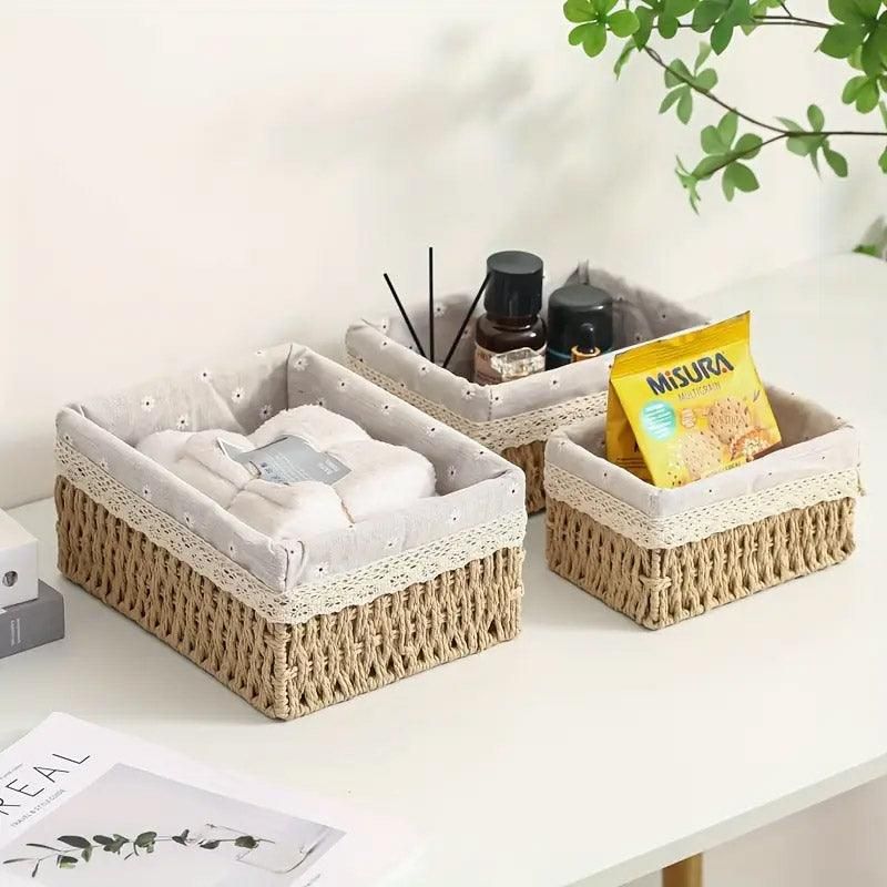 3pcs Rattan Storage Basket Woven Fabric Grass Basket for Home Organiser Decor