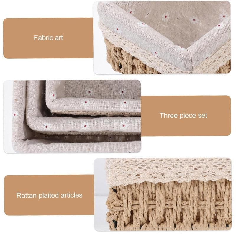 3pcs Rattan Storage Basket Woven Fabric Grass Basket for Home Organiser Decor
