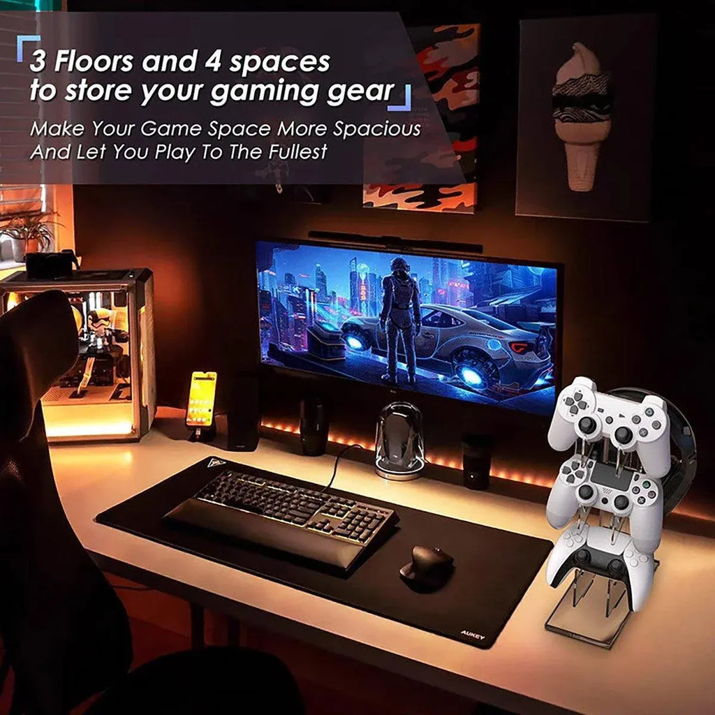3 Tier Gamepad and Headset Display Stand for Gaming Accessories Organization - White