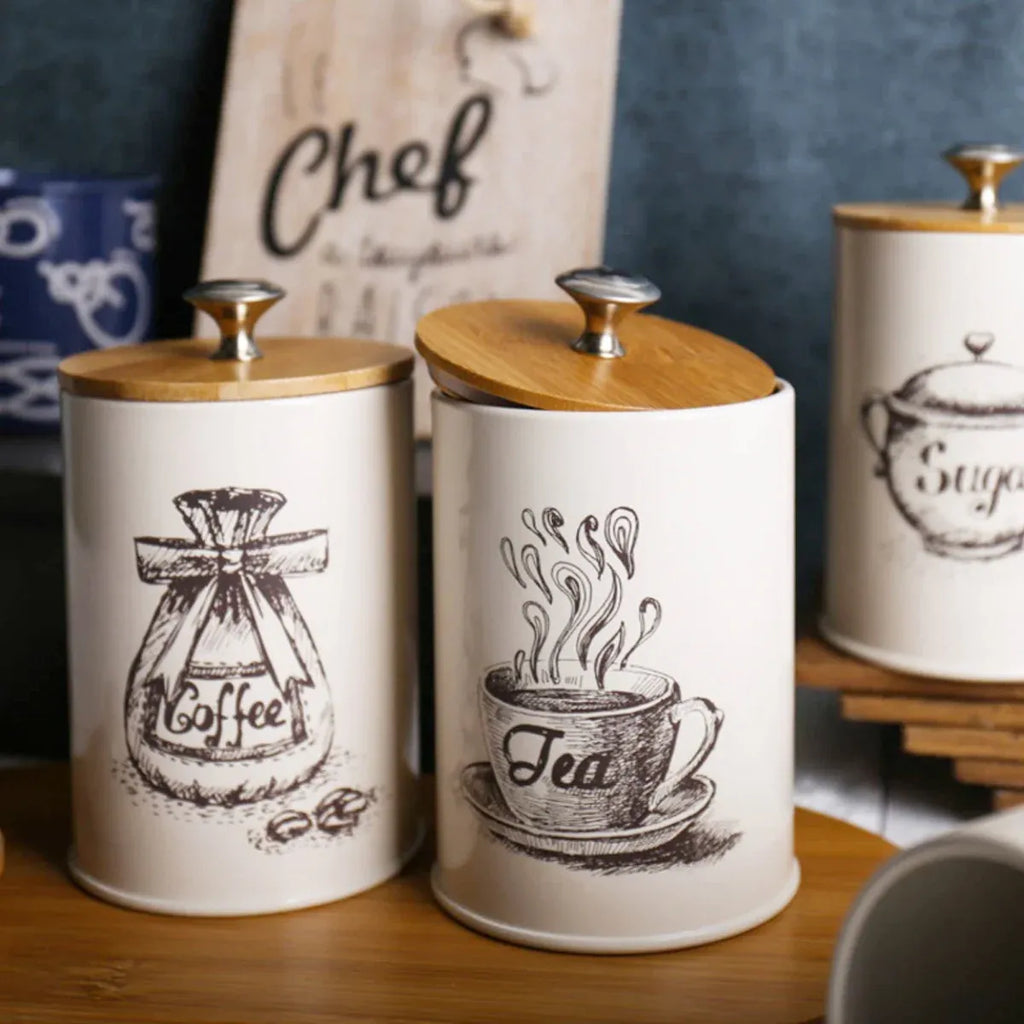 3PCS Bamboo Lid Sealed Storage Jar Coffee Sugar Tea Container for Home Use