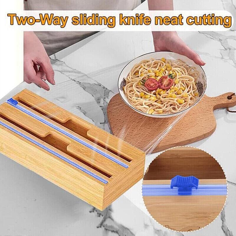 Bamboo Food Wrap Dispenser Cutter Foil Cling Film Storage Holder Box Kitchen Au - L