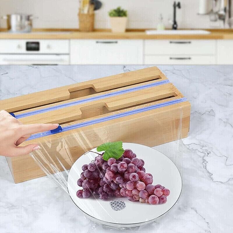 Bamboo Food Wrap Dispenser Cutter Foil Cling Film Storage Holder Box Kitchen Au - L
