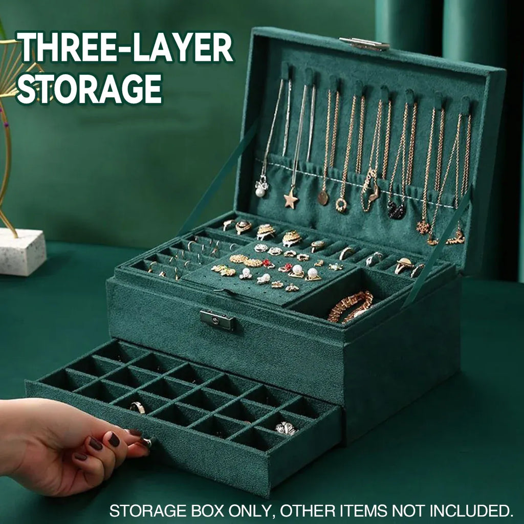 3 Tier Lockable Jewelry Storage Box with Drawers Soft Lining Large Capacity
