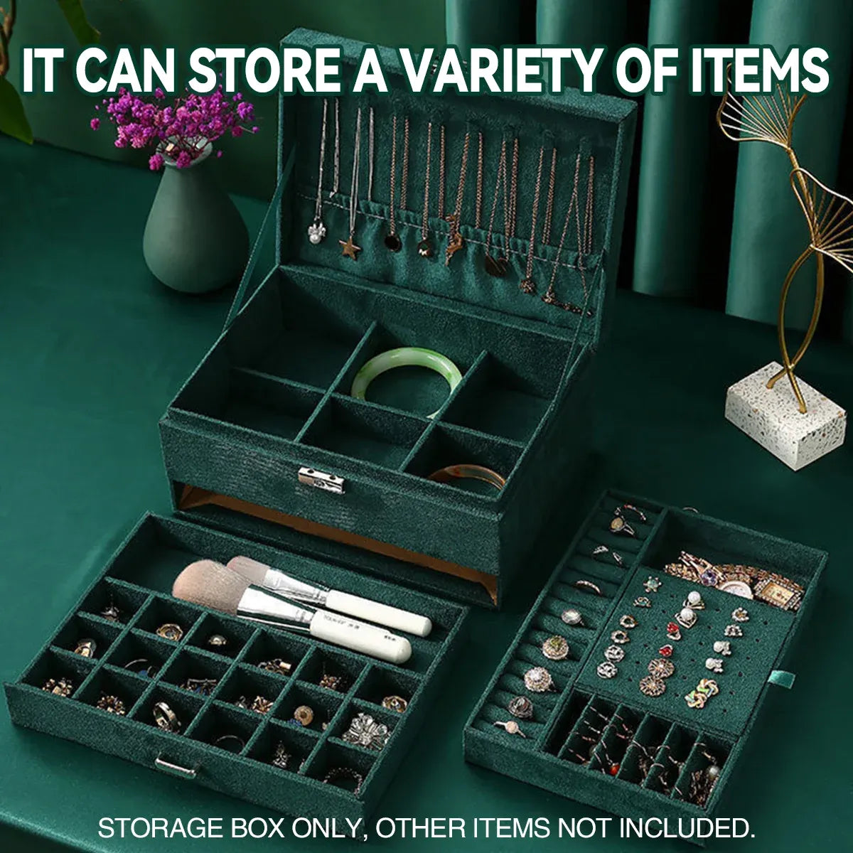 3 Tier Lockable Jewelry Storage Box with Drawers Soft Lining Large Capacity