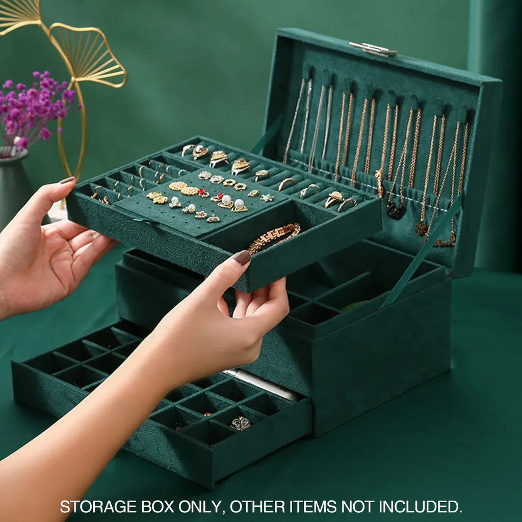 3 Tier Lockable Jewelry Storage Box with Drawers Soft Lining Large Capacity