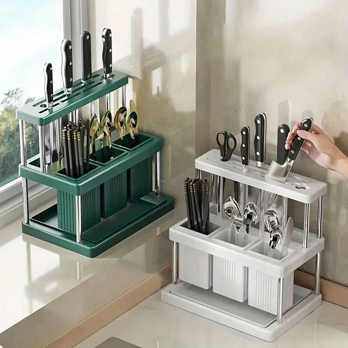 Cutlery Holder Storage Caddy Kitchen Utensil Drying Rack For Spoon Fork Knife - Green
