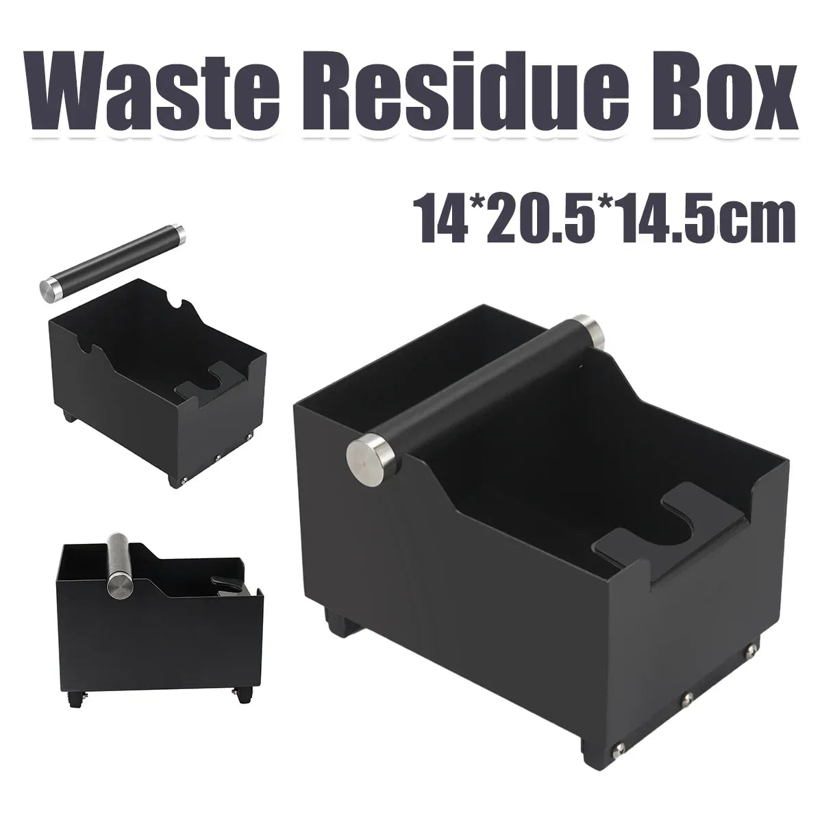 Coffee Knock Box with Powder Press Holder PTFE-Coated Metal Black