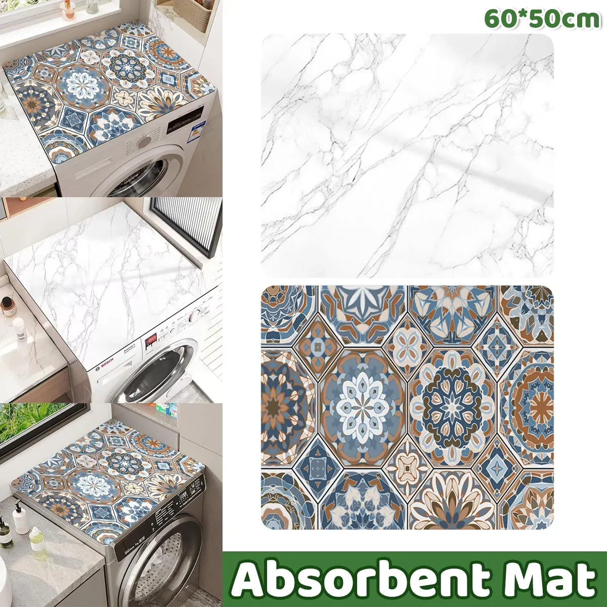 Washing Machine Water Absorbent Mat Quick Dry Dust Proof for Laundry Room Use - White Marble Pattern