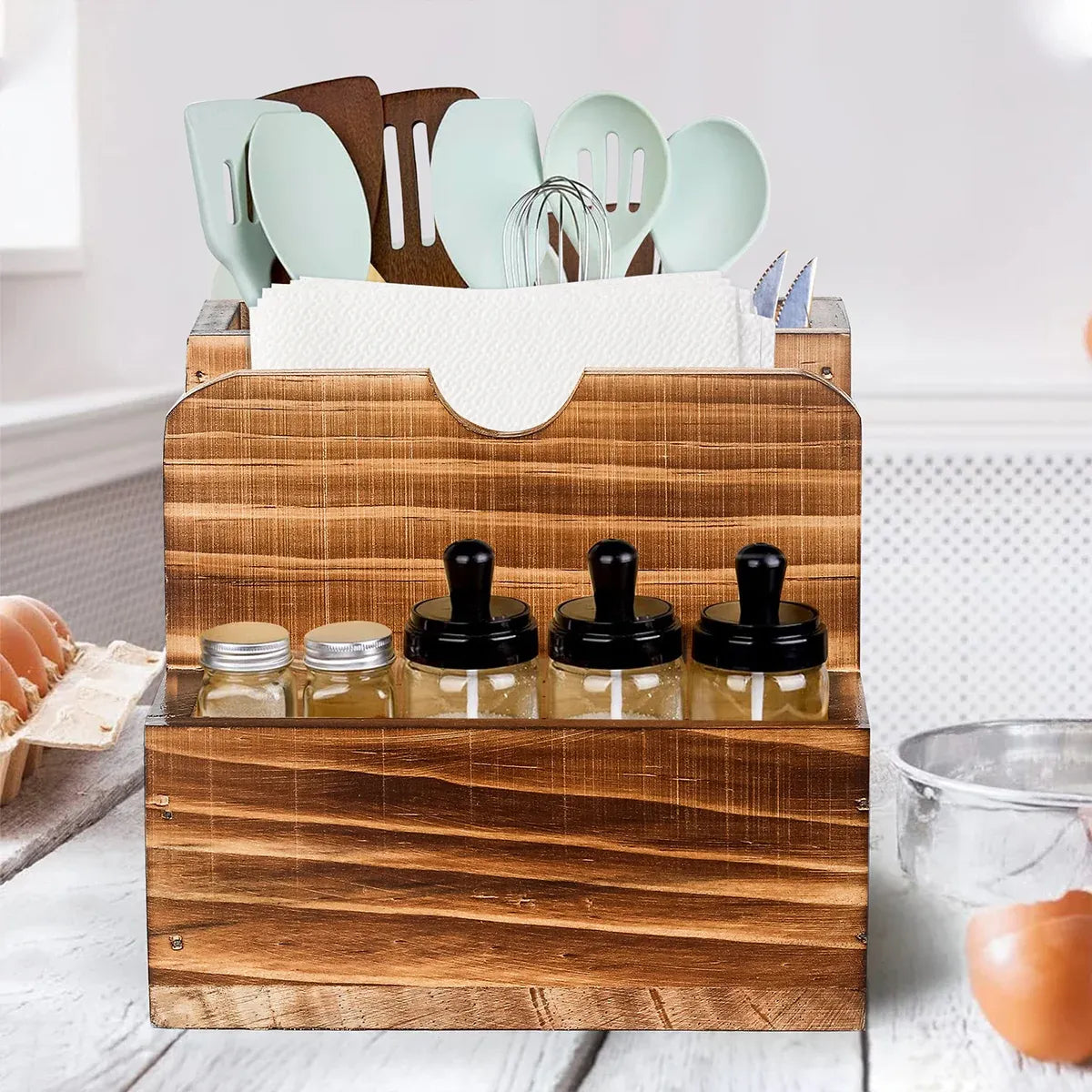 Wooden Spice Storage Box Desktop Organiser Rack Kitchen Countertop Container