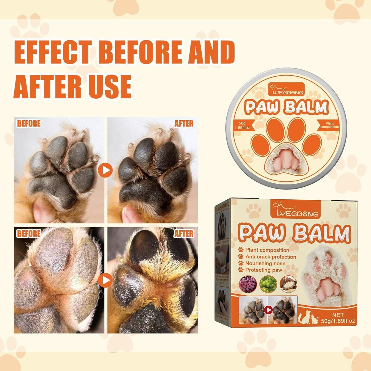 Dogs Cat Paw Balm Cream Pets Natural Lick Safe Dry Skin Cracked Paws Feet Care