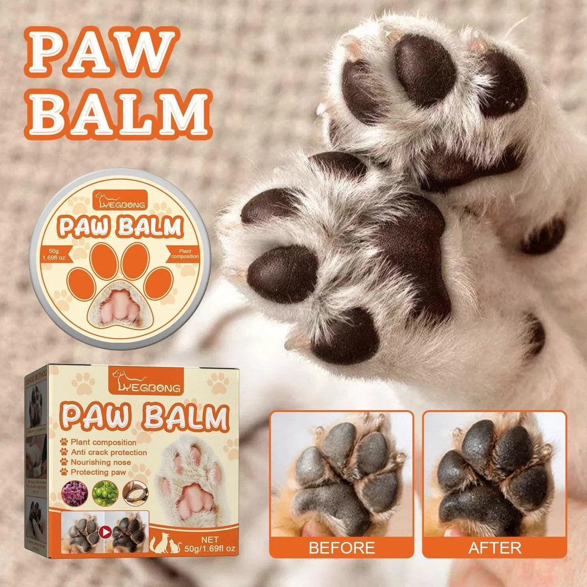 Dogs Cat Paw Balm Cream Pets Natural Lick Safe Dry Skin Cracked Paws Feet Care
