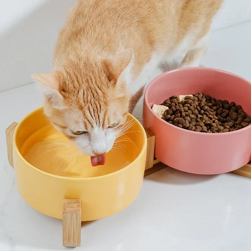 Ceramic Pet Bowl Double Cat Food Bowl Dog Water Bowl Feeding Drinking Bowl Set - White
