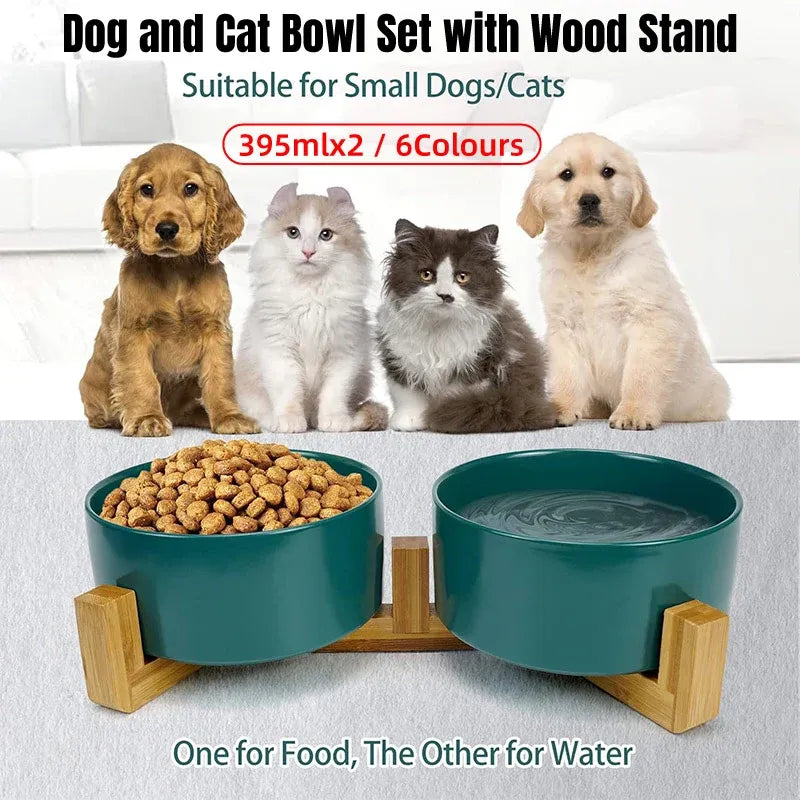 Ceramic Pet Bowl Double Cat Food Bowl Dog Water Bowl Feeding Drinking Bowl Set - Yellow