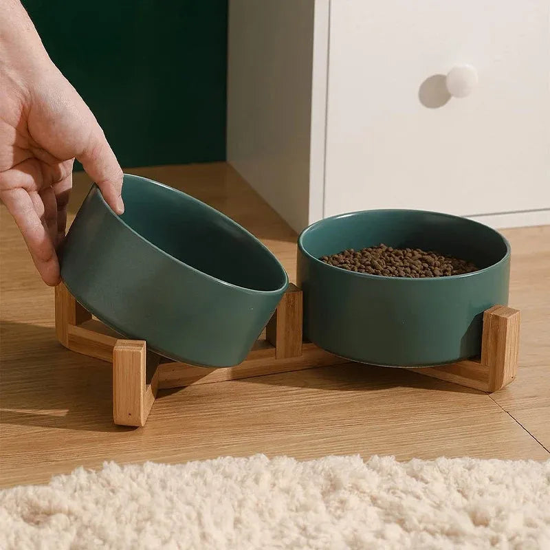Ceramic Pet Bowl Double Cat Food Bowl Dog Water Bowl Feeding Drinking Bowl Set - Yellow