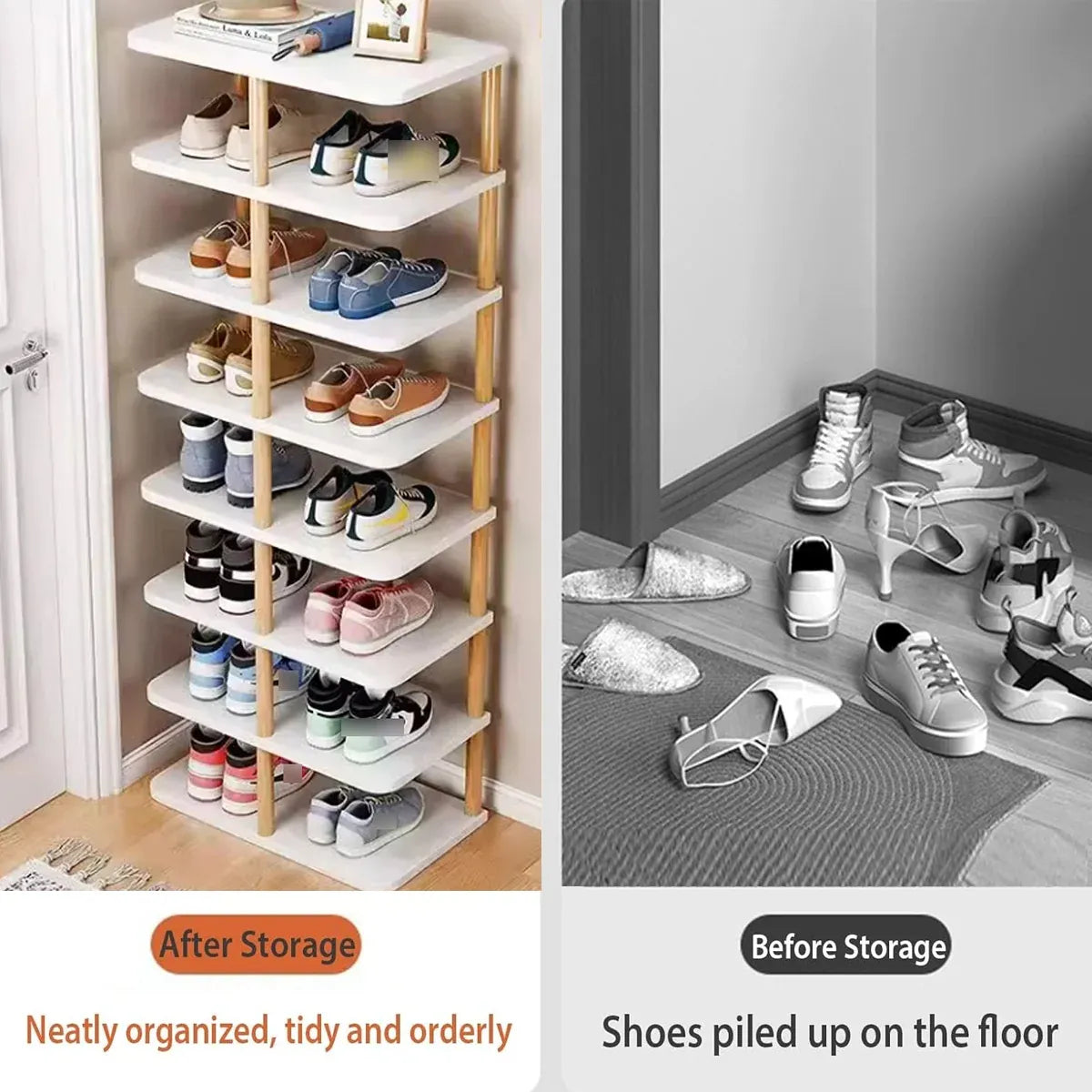 8 Tiers Shoe Rack Wood Vertical Space Saving Narrow Shoe Rack Storage 14 Pairs