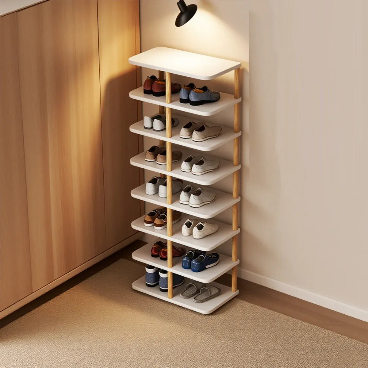 8 Tiers Shoe Rack Wood Vertical Space Saving Narrow Shoe Rack Storage 14 Pairs