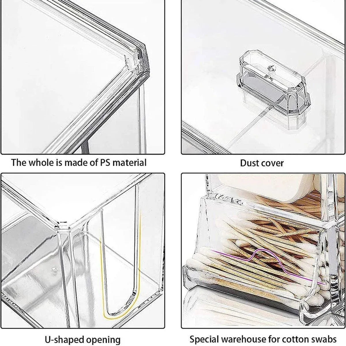 Clear Plastic Makeup Organizer Cotton Swab Storage Holder Compartment Vanity Box