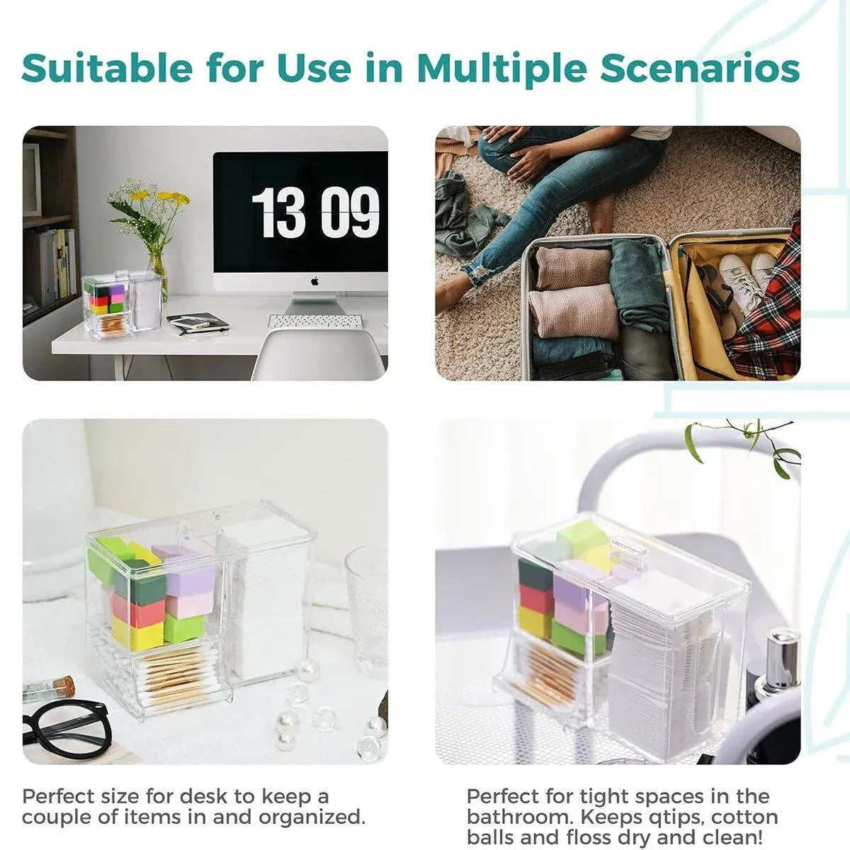 Clear Plastic Makeup Organizer Cotton Swab Storage Holder Compartment Vanity Box