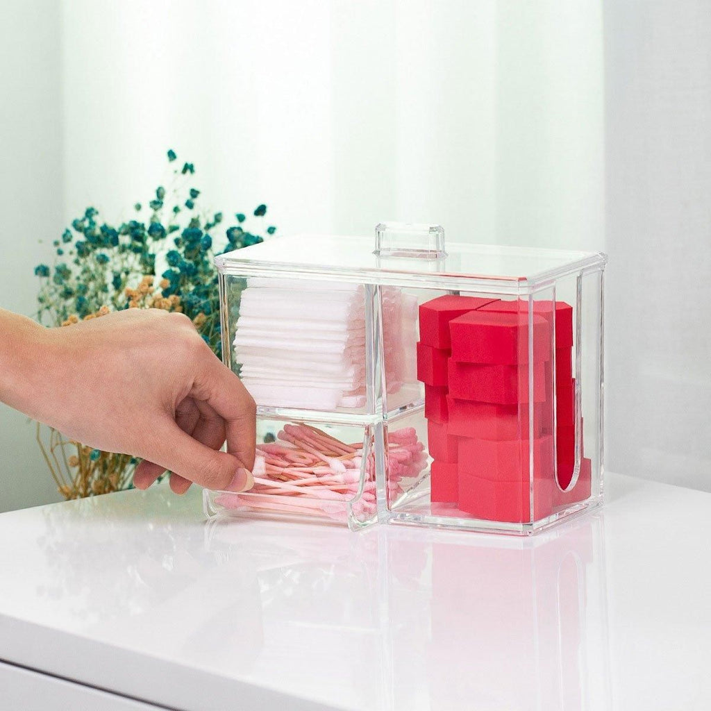 Clear Plastic Makeup Organizer Cotton Swab Storage Holder Compartment Vanity Box