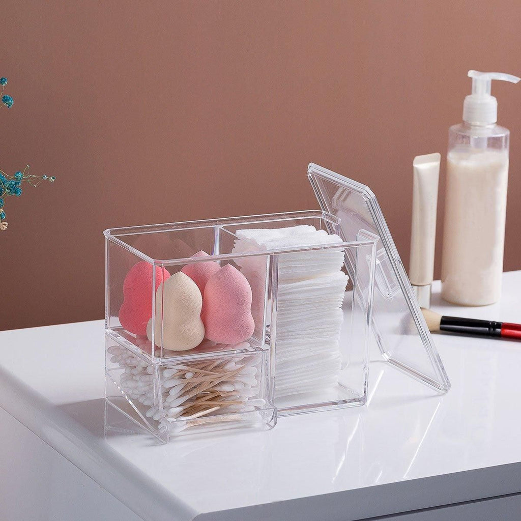 Clear Plastic Makeup Organizer Cotton Swab Storage Holder Compartment Vanity Box