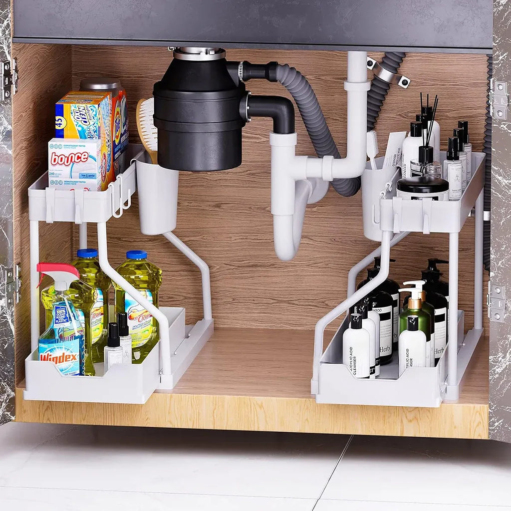 Under Sink Storage Rack Double Layer Organizer Shelf Kitchen Bathroom Cabinet - Black