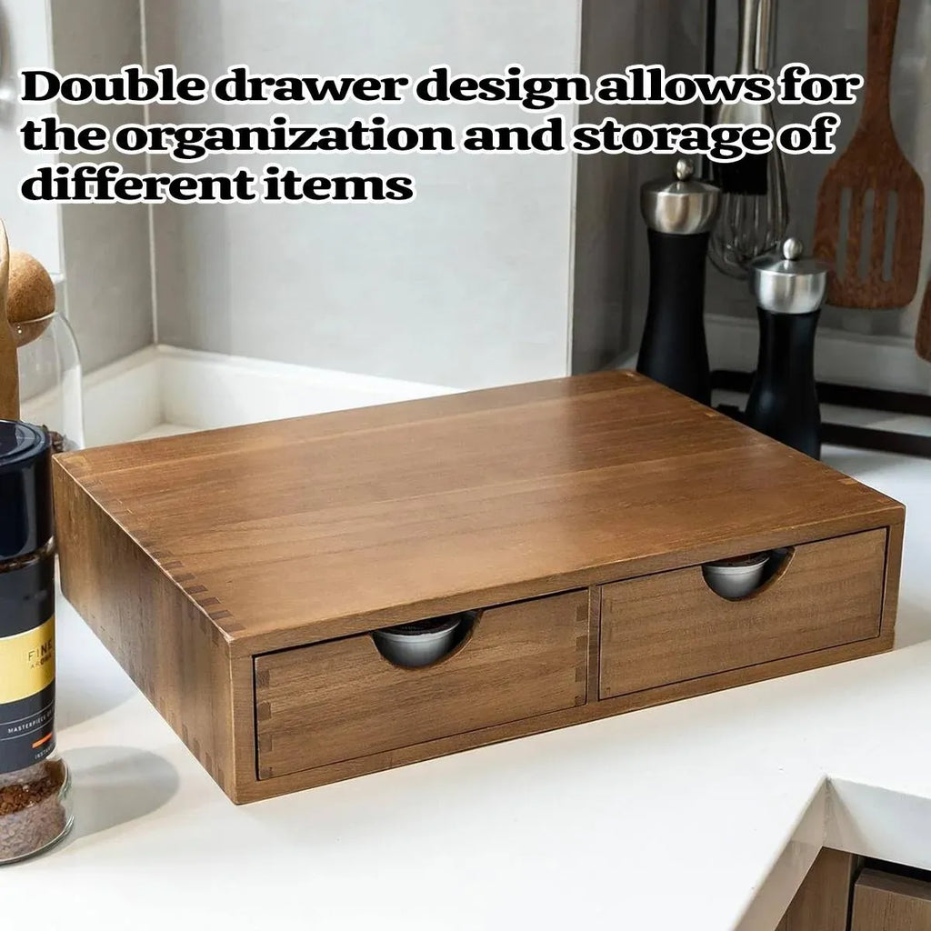 Wooden Coffee Capsule Holder Double Drawer Coffee Machine Stand Countertop Use