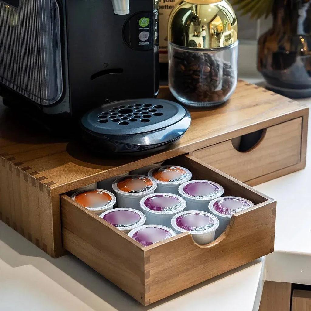 Wooden Coffee Capsule Holder Double Drawer Coffee Machine Stand Countertop Use