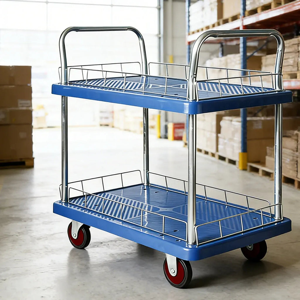 2 Tier Silent Flatbed Trolley with Double Handle for Moving Warehouse Transport