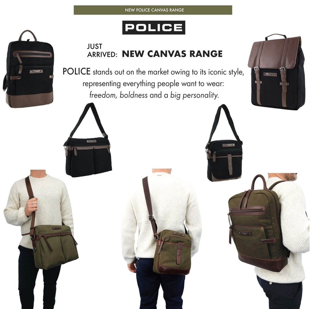 POLICE Wings Mens Canvas Backpack Bag with Laptop Computer Sleeve in Black