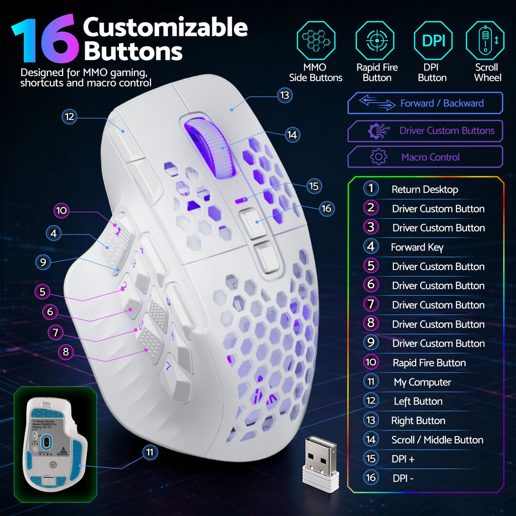 SOLAKAKA Wireless MMO Gaming Mouse 16 Buttons Bluetooth 24000 DPI RGB